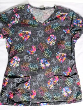 STAR WARS Nurse Scrub Shirt Darth Vader Boba Fett Women's Small Medical Grey